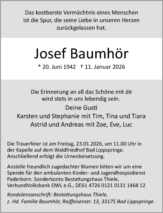 Traueranzeige von Josef Baumhör von Neue Westfälische und Westfalen-Blatt