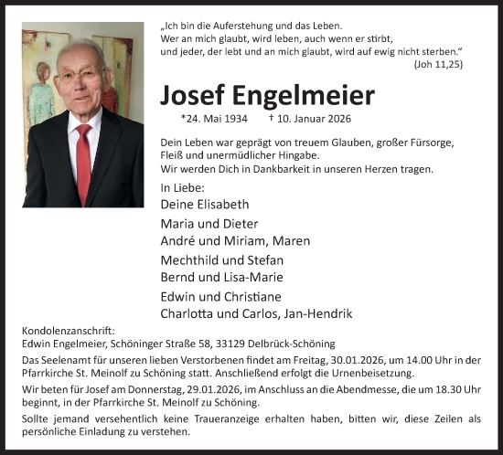 Traueranzeige von Josef Engelmeier von Neue Westfälische und Westfalen-Blatt