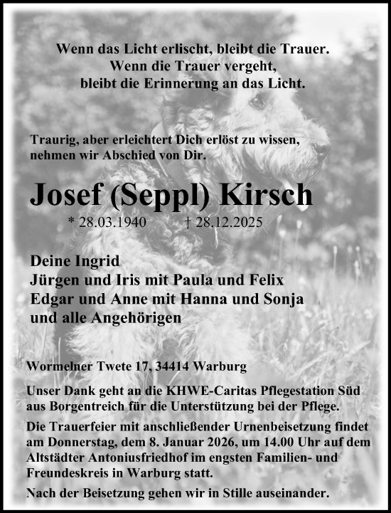 Traueranzeige von Josef Kirsch von Neue Westfälische und Westfalen-Blatt