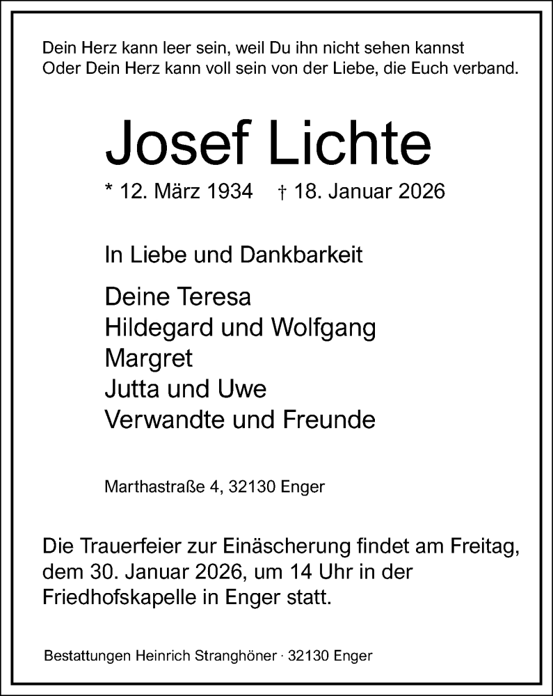  Traueranzeige für Josef Lichte vom 24.01.2026 aus Neue Westfälische und Westfalen-Blatt