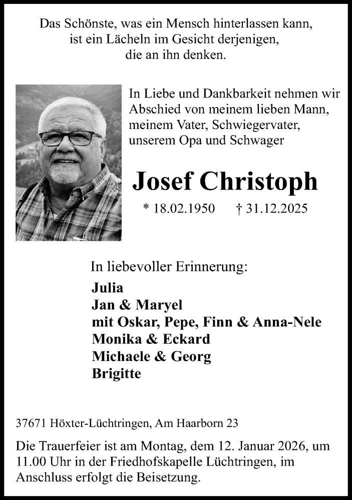  Traueranzeige für Josef Christoph  vom 03.01.2026 aus Neue Westfälische und Westfalen-Blatt