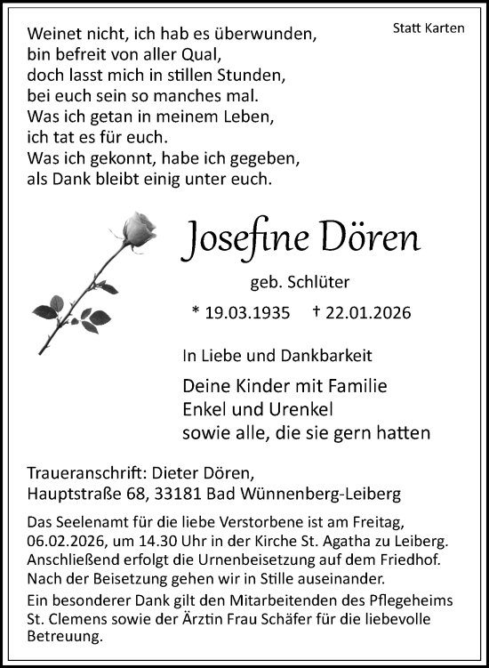 Traueranzeige von Josefine Dören von Neue Westfälische und Westfalen-Blatt