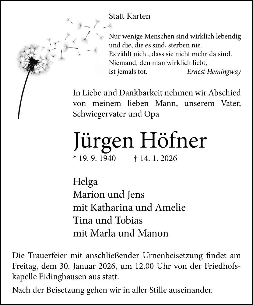  Traueranzeige für Jürgen Höfner vom 24.01.2026 aus Neue Westfälische und Westfalen-Blatt