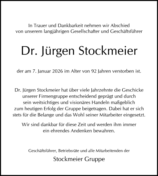 Traueranzeige von Jürgen Stockmeier von Neue Westfälische und Westfalen-Blatt