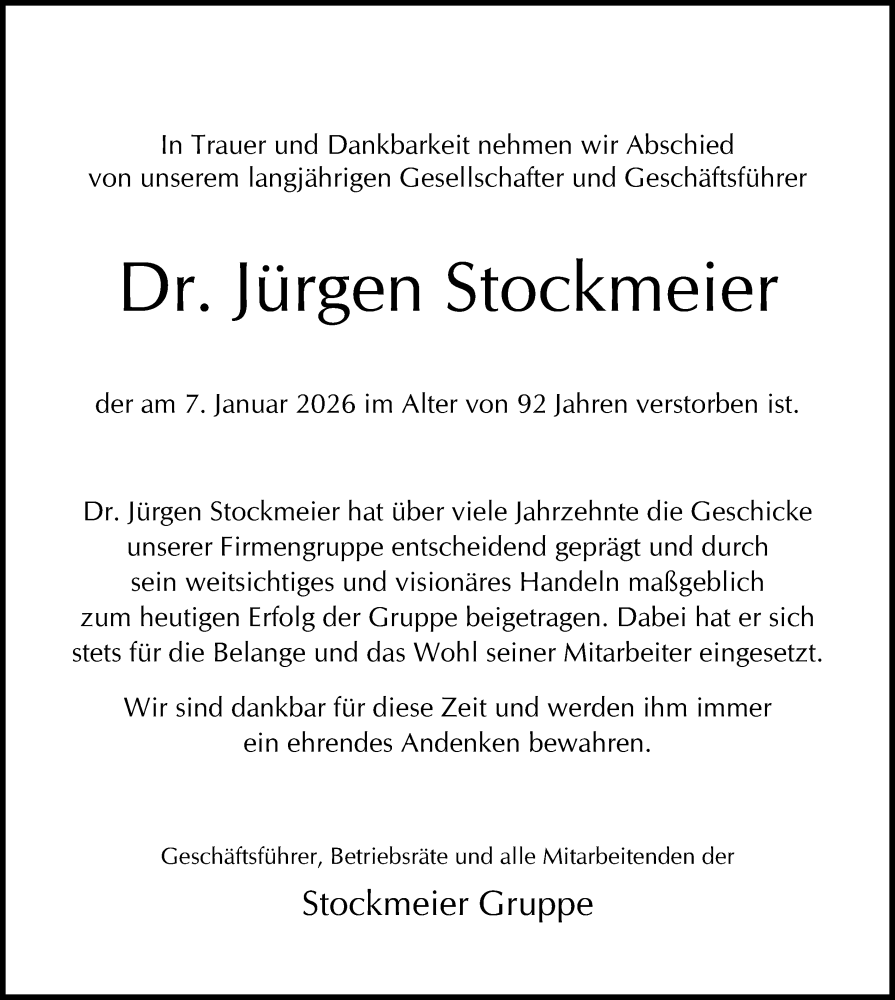  Traueranzeige für Jürgen Stockmeier vom 10.01.2026 aus Neue Westfälische und Westfalen-Blatt