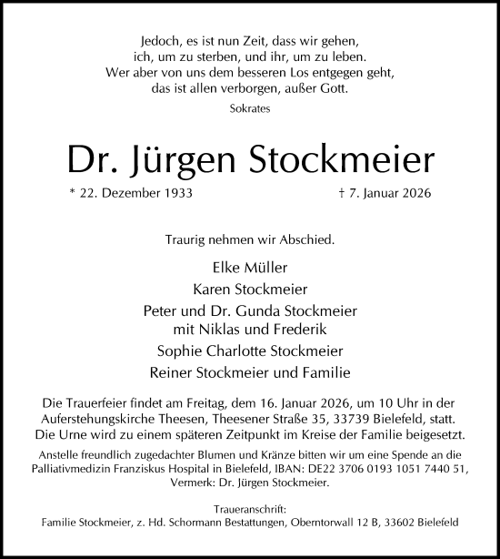 Traueranzeige von Jürgen Stockmeier von Neue Westfälische und Westfalen-Blatt