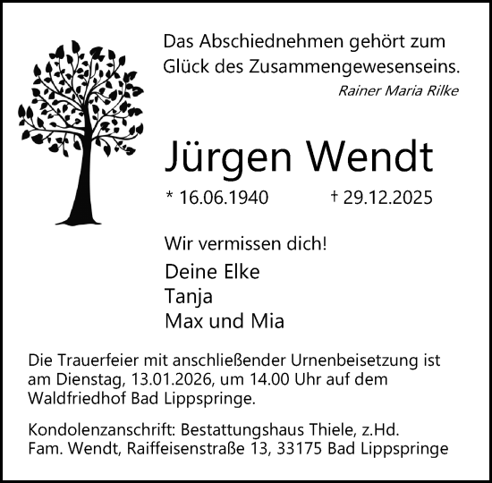 Traueranzeige von Jürgen Wendt von Neue Westfälische und Westfalen-Blatt