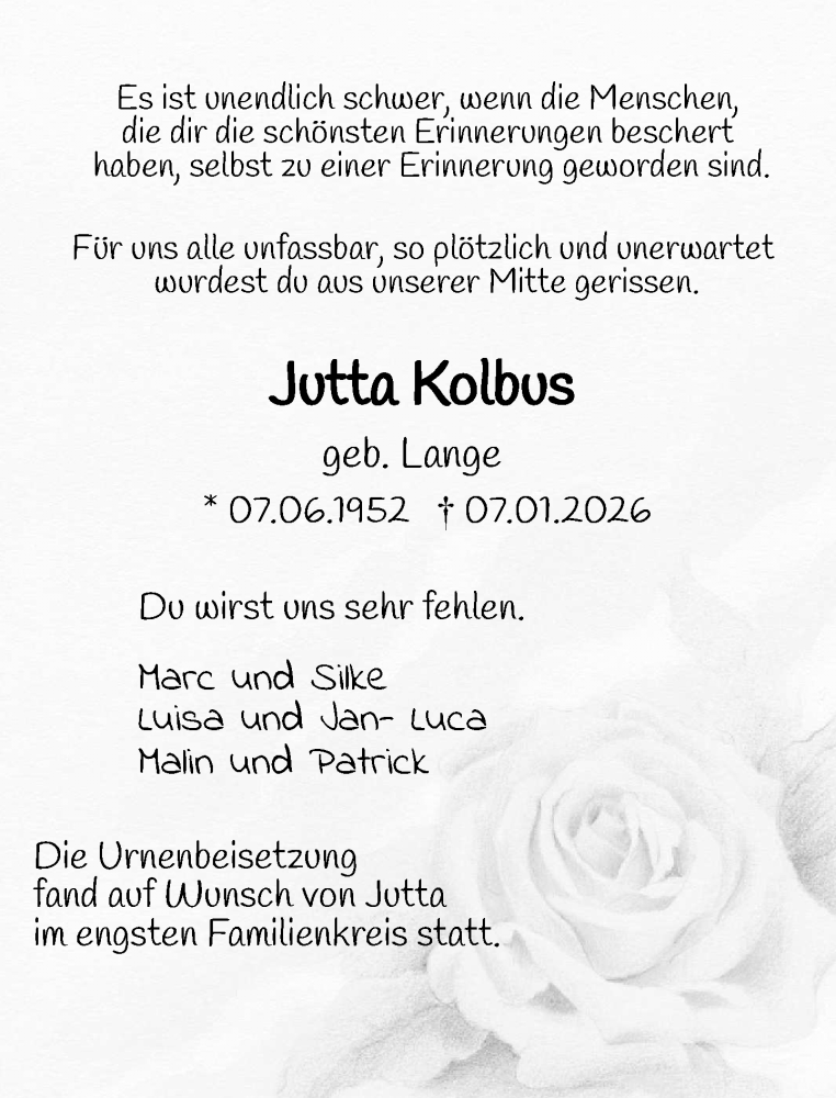  Traueranzeige für Jutta Kolbus vom 21.01.2026 aus Neue Westfälische und Westfalen-Blatt