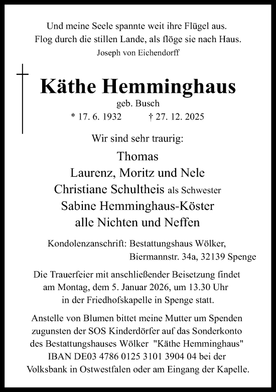 Traueranzeige von Käthe Hemminghaus von Neue Westfälische und Westfalen-Blatt