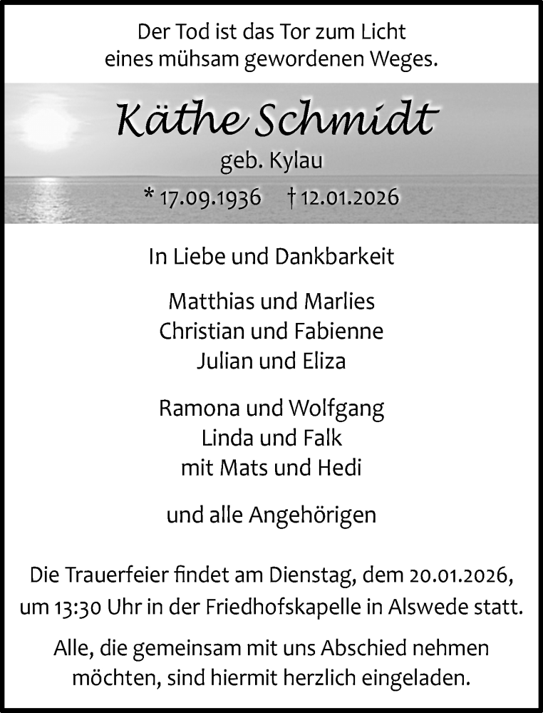  Traueranzeige für Käthe Schmidt vom 14.01.2026 aus Neue Westfälische und Westfalen-Blatt