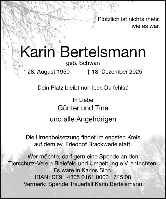 Traueranzeige von Karin Bertelsmann von Neue Westfälische und Westfalen-Blatt