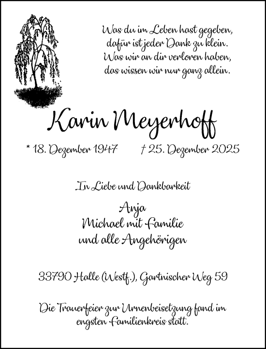Traueranzeige von Karin Meyerhoff von Neue Westfälische und Westfalen-Blatt