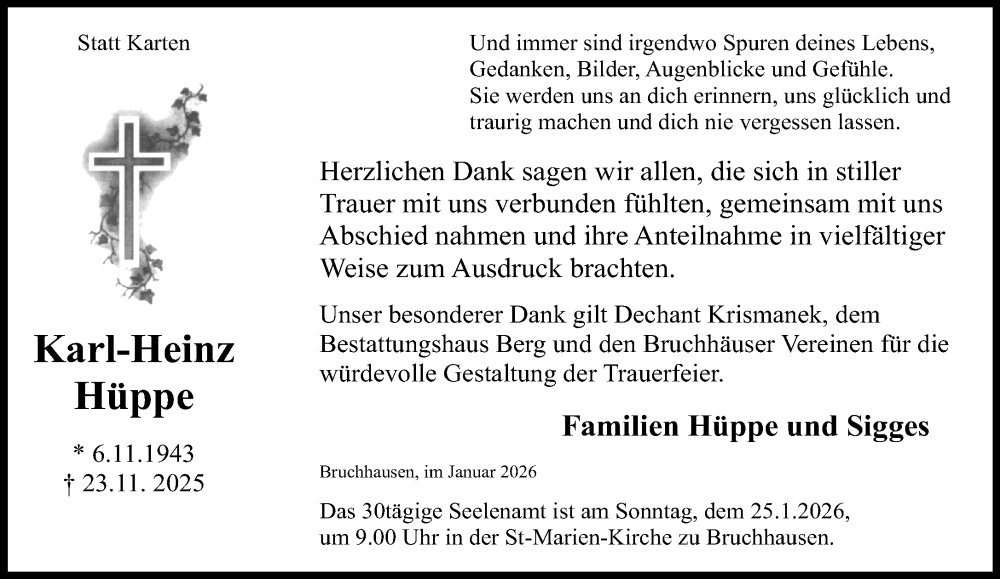  Traueranzeige für Karl-Heinz Hüppe vom 17.01.2026 aus Neue Westfälische und Westfalen-Blatt