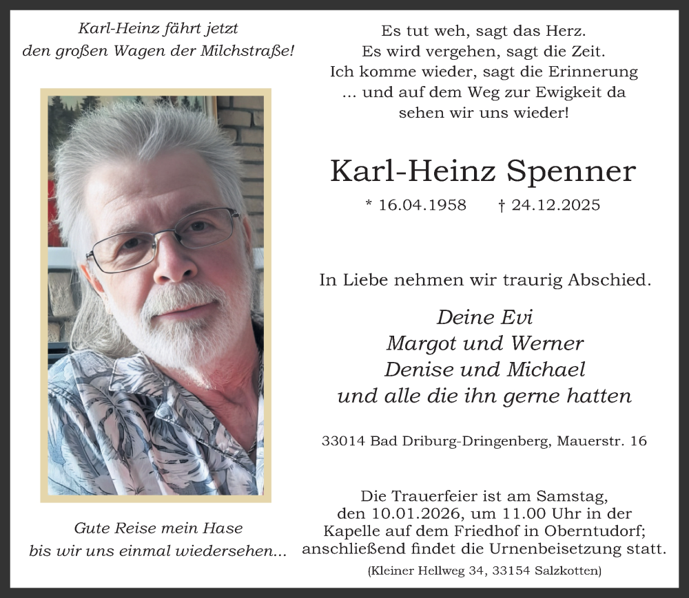  Traueranzeige für Karl-Heinz Spenner vom 06.01.2026 aus Neue Westfälische und Westfalen-Blatt