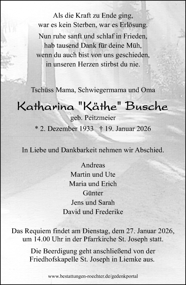  Traueranzeige für Katharina Busche vom 23.01.2026 aus Neue Westfälische und Westfalen-Blatt