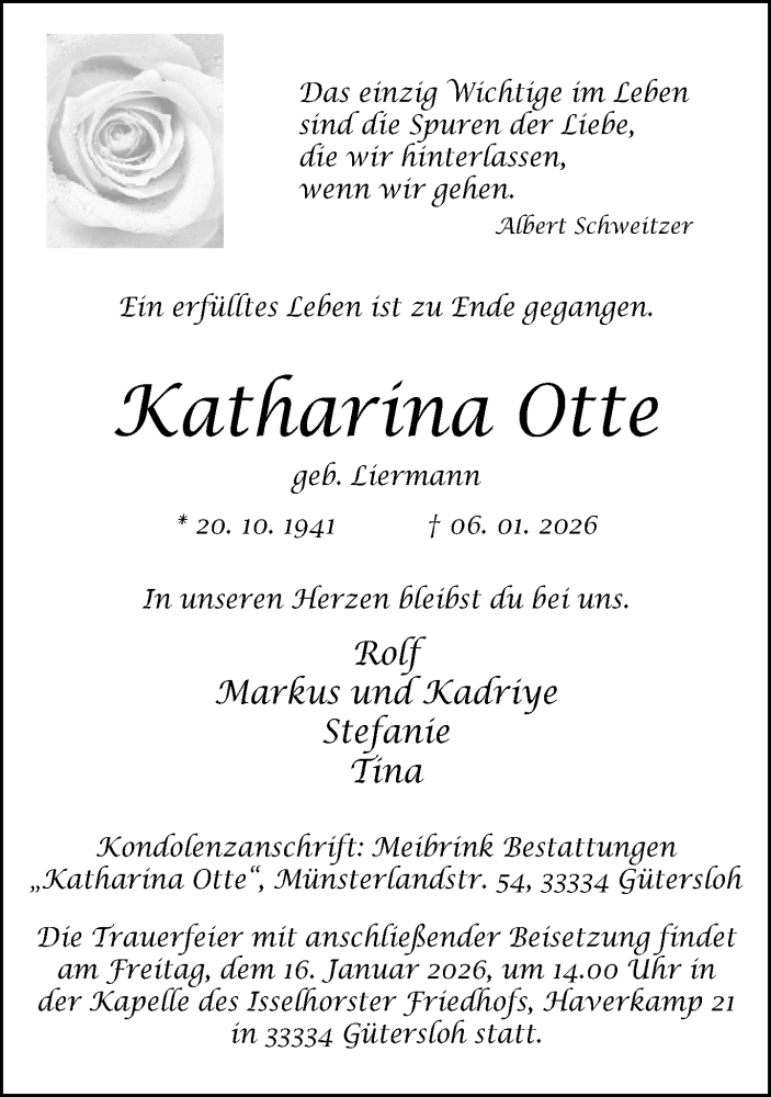  Traueranzeige für Katharina Otte vom 10.01.2026 aus Neue Westfälische und Westfalen-Blatt