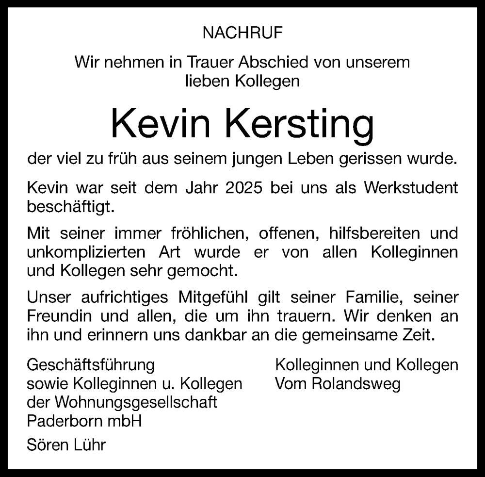  Traueranzeige für Kevin Kersting vom 21.01.2026 aus Neue Westfälische und Westfalen-Blatt
