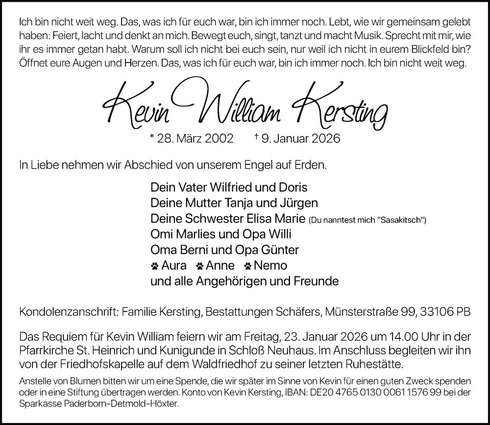  Traueranzeige für Kevin William Kersting vom 17.01.2026 aus Neue Westfälische und Westfalen-Blatt