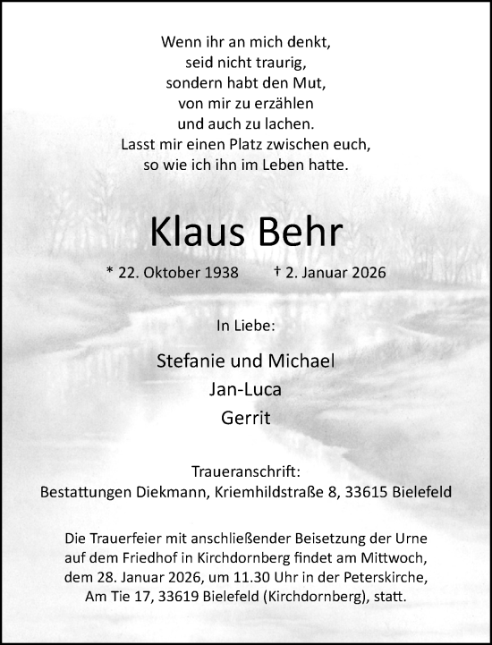 Traueranzeige von Klaus Behr von Neue Westfälische und Westfalen-Blatt