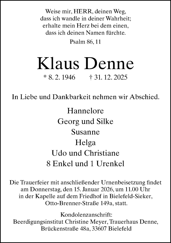 Traueranzeige von Klaus Denne von Neue Westfälische und Westfalen-Blatt