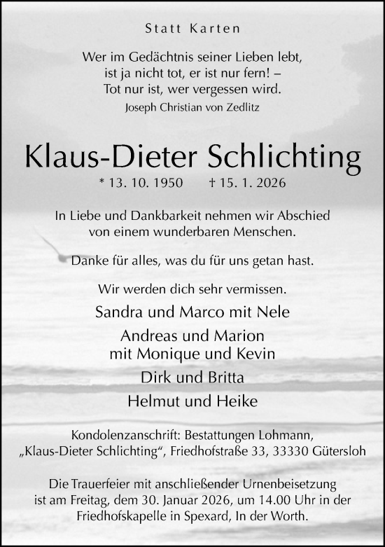 Traueranzeige von Klaus-Dieter Schlichting von Neue Westfälische und Westfalen-Blatt