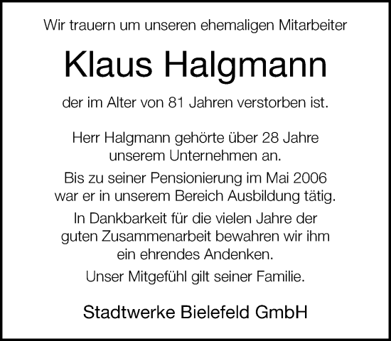Traueranzeige von Klaus Halgmann von Neue Westfälische und Westfalen-Blatt