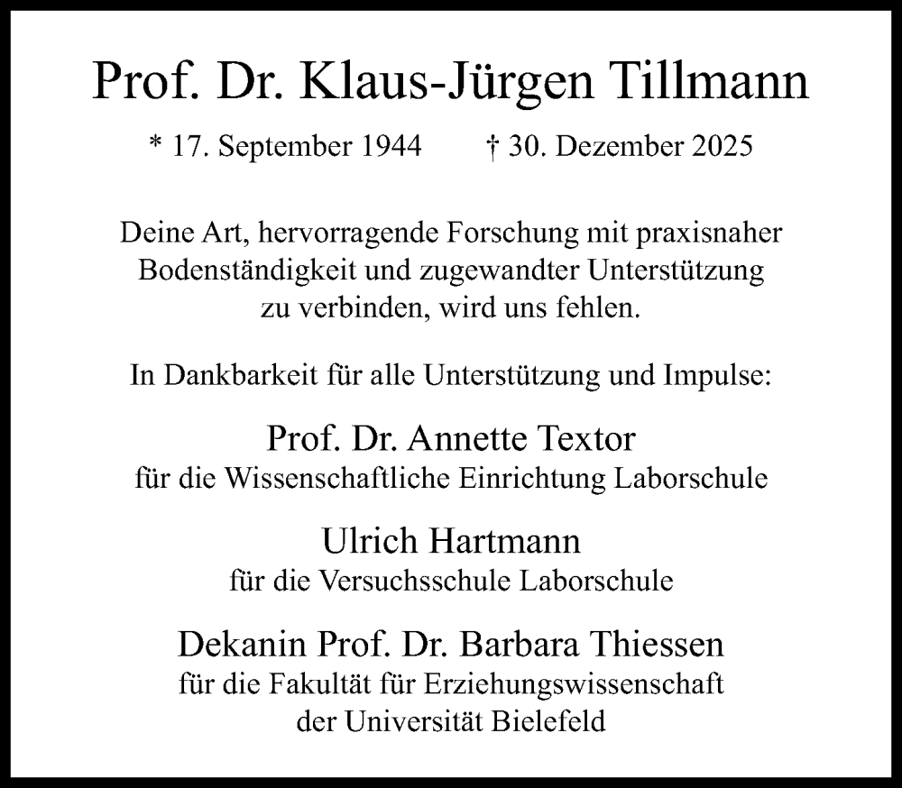  Traueranzeige für Klaus-Jürgen Tillmann vom 17.01.2026 aus Neue Westfälische und Westfalen-Blatt