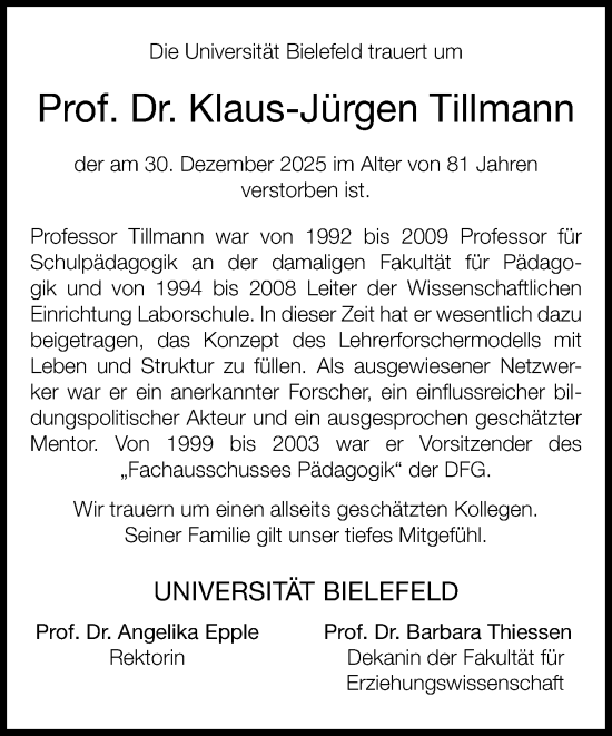 Traueranzeige von Klaus-Jürgen Tillmann von Neue Westfälische und Westfalen-Blatt