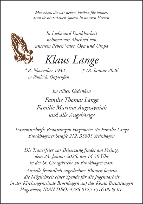 Traueranzeige von Klaus Lange von Neue Westfälische und Westfalen-Blatt