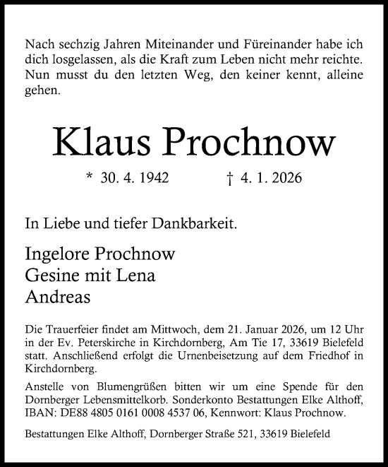 Traueranzeige von Klaus Prochnow von Neue Westfälische und Westfalen-Blatt