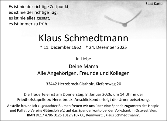 Traueranzeige von Klaus Schmedtmann von Neue Westfälische und Westfalen-Blatt