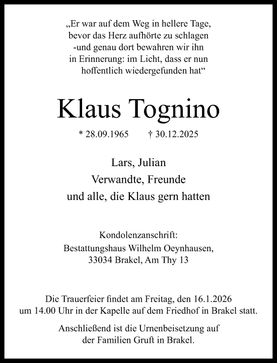 Traueranzeige von Klaus Tognino von Neue Westfälische und Westfalen-Blatt