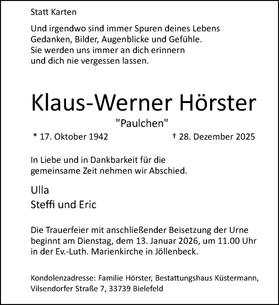 Traueranzeige von Klaus-Werner Hörster von Neue Westfälische und Westfalen-Blatt