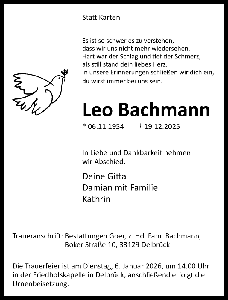  Traueranzeige für Leo Bachmann vom 03.01.2026 aus Neue Westfälische und Westfalen-Blatt