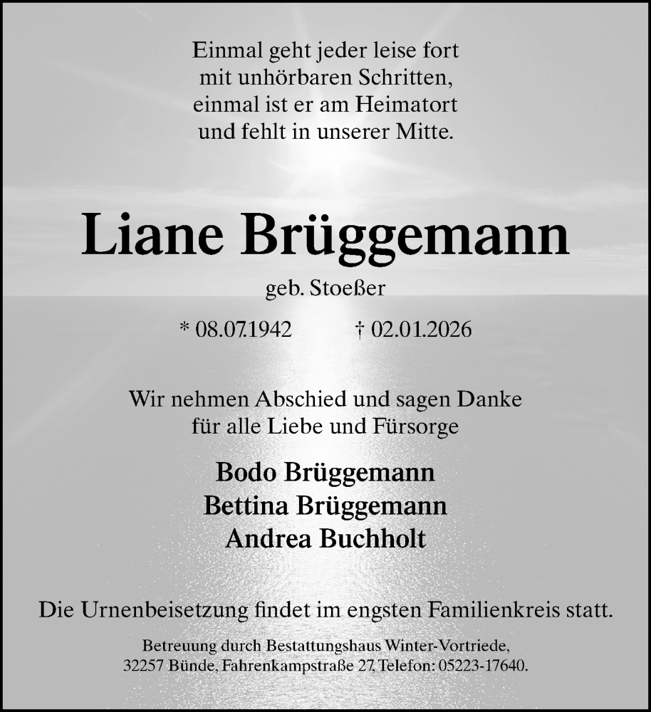  Traueranzeige für Liane Brüggemann vom 17.01.2026 aus Neue Westfälische und Westfalen-Blatt