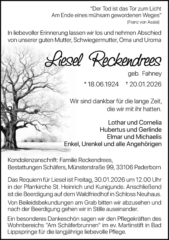 Traueranzeige von Liesel Reckendrees von Neue Westfälische und Westfalen-Blatt