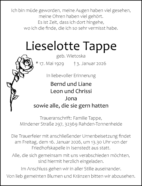 Traueranzeige von Lieselotte Tappe von Neue Westfälische und Westfalen-Blatt