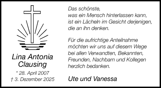 Traueranzeige von Lina Antonia Clausing von Neue Westfälische und Westfalen-Blatt
