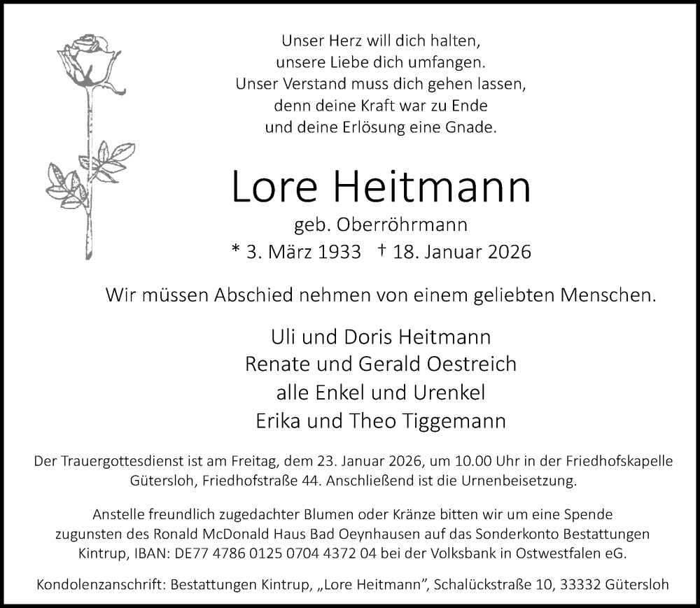  Traueranzeige für Lore Heitmann vom 21.01.2026 aus Neue Westfälische und Westfalen-Blatt