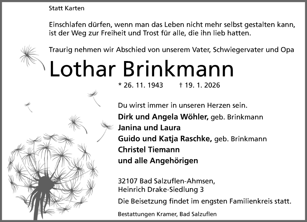 Traueranzeige für Lothar Brinkmann vom 24.01.2026 aus Neue Westfälische und Westfalen-Blatt