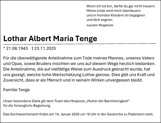 Traueranzeige von Lothar Albert Maria Tenge von Neue Westfälische und Westfalen-Blatt