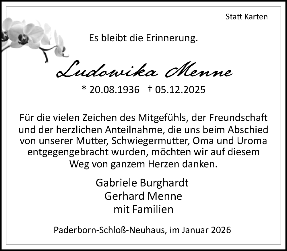  Traueranzeige für Ludowika Menne vom 31.01.2026 aus Neue Westfälische und Westfalen-Blatt