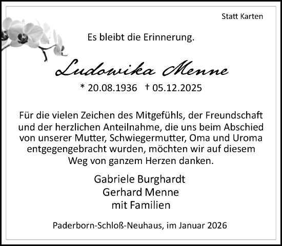 Traueranzeige von Ludowika Menne von Neue Westfälische und Westfalen-Blatt