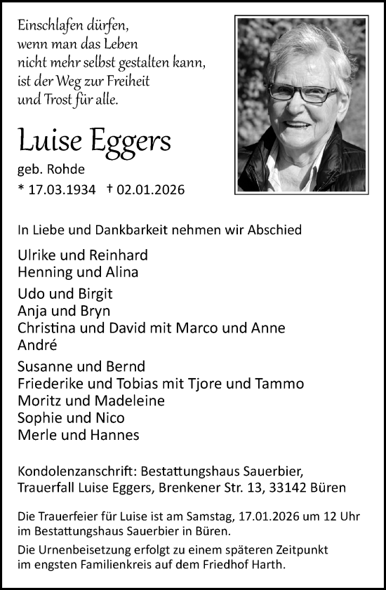 Traueranzeige von Luise Eggers von Neue Westfälische und Westfalen-Blatt