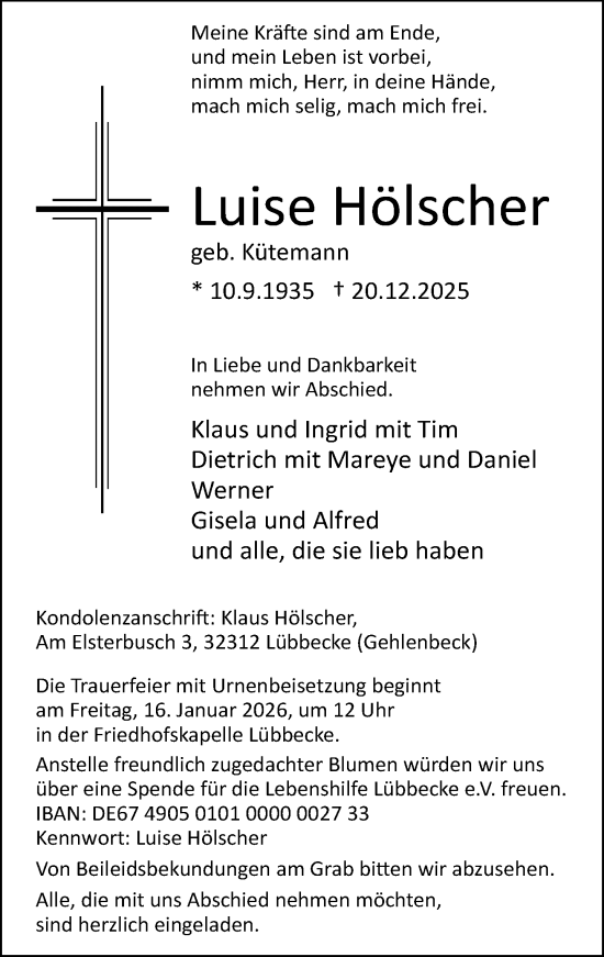 Traueranzeige von Luise Hölscher von Neue Westfälische und Westfalen-Blatt