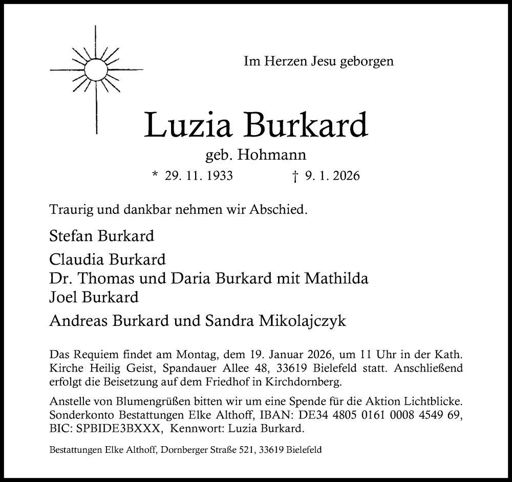  Traueranzeige für Luzia Burkard vom 17.01.2026 aus Neue Westfälische und Westfalen-Blatt