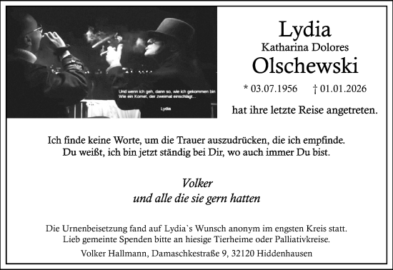 Traueranzeige von Lydia Katharina Dolores Olschewski von Neue Westfälische und Westfalen-Blatt