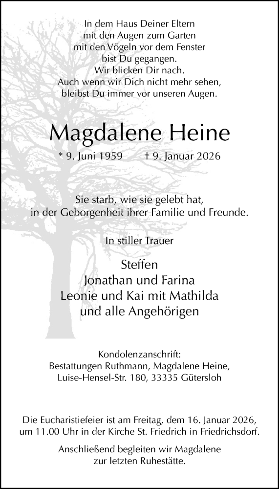  Traueranzeige für Magdalene Heine vom 14.01.2026 aus Neue Westfälische und Westfalen-Blatt