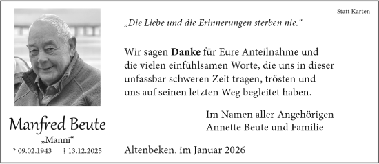 Traueranzeige von Manfred Beute von Neue Westfälische und Westfalen-Blatt
