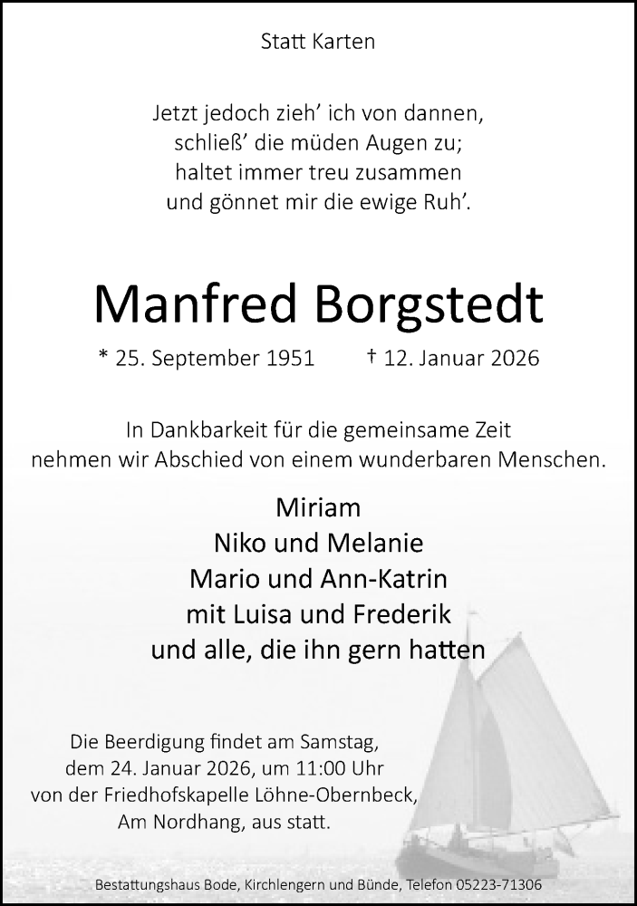  Traueranzeige für Manfred Borgstedt vom 17.01.2026 aus Neue Westfälische und Westfalen-Blatt